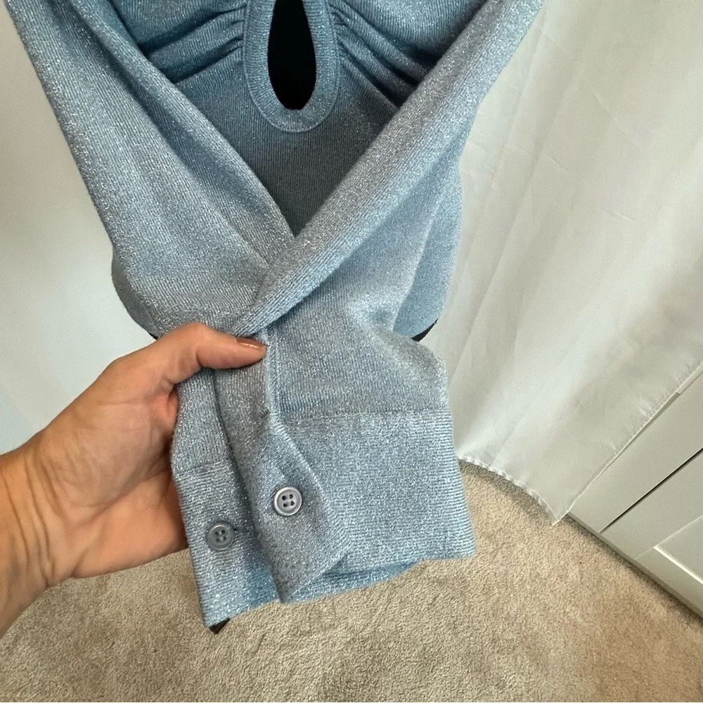 Zara light blue shimmer metallic glitter long sleeve keyhole collared blouse top - Picture 8 of 16